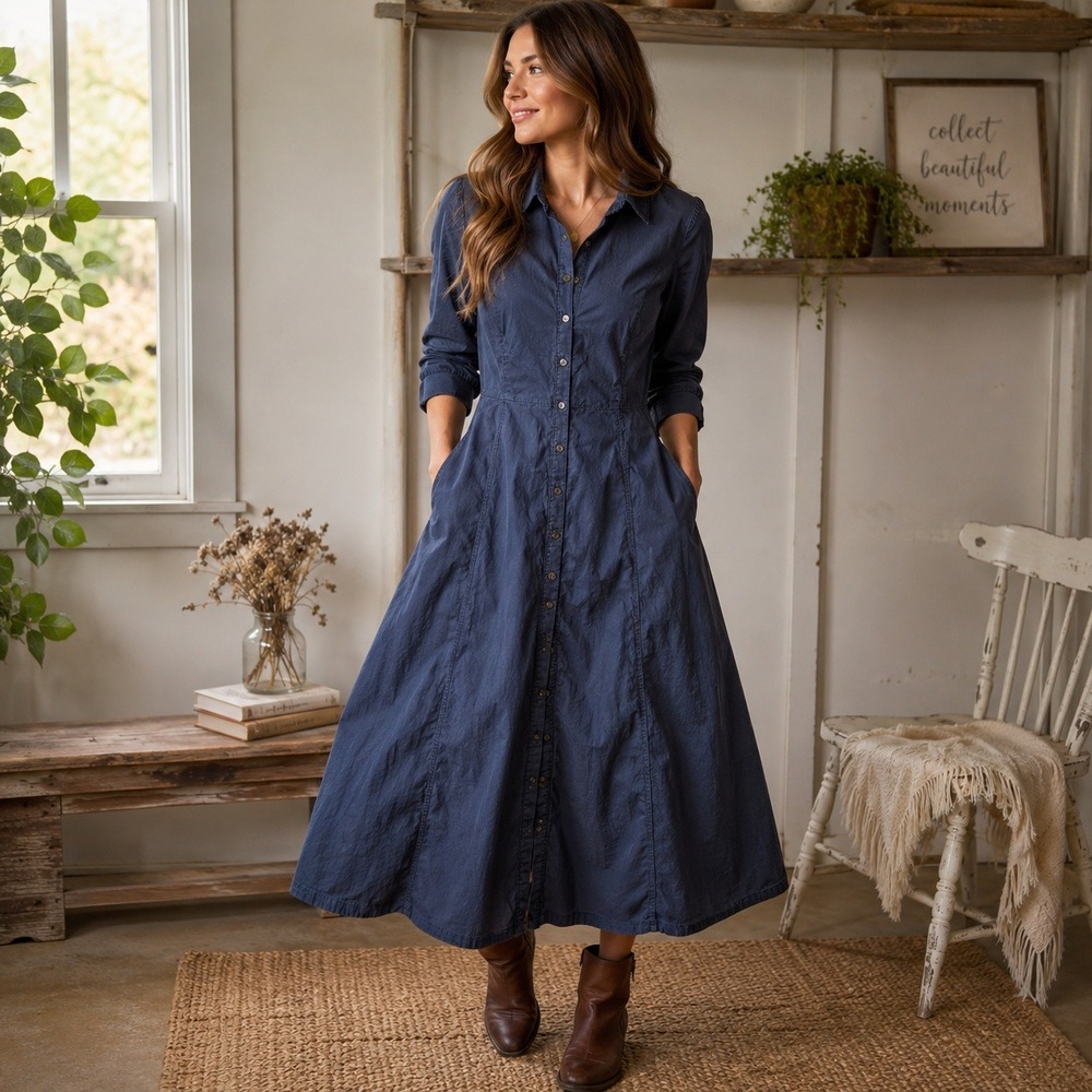 Boden Navy Blue Corduroy Maxi Shirt Dress Long Sleeve Cotton Pockets US 20-22 L